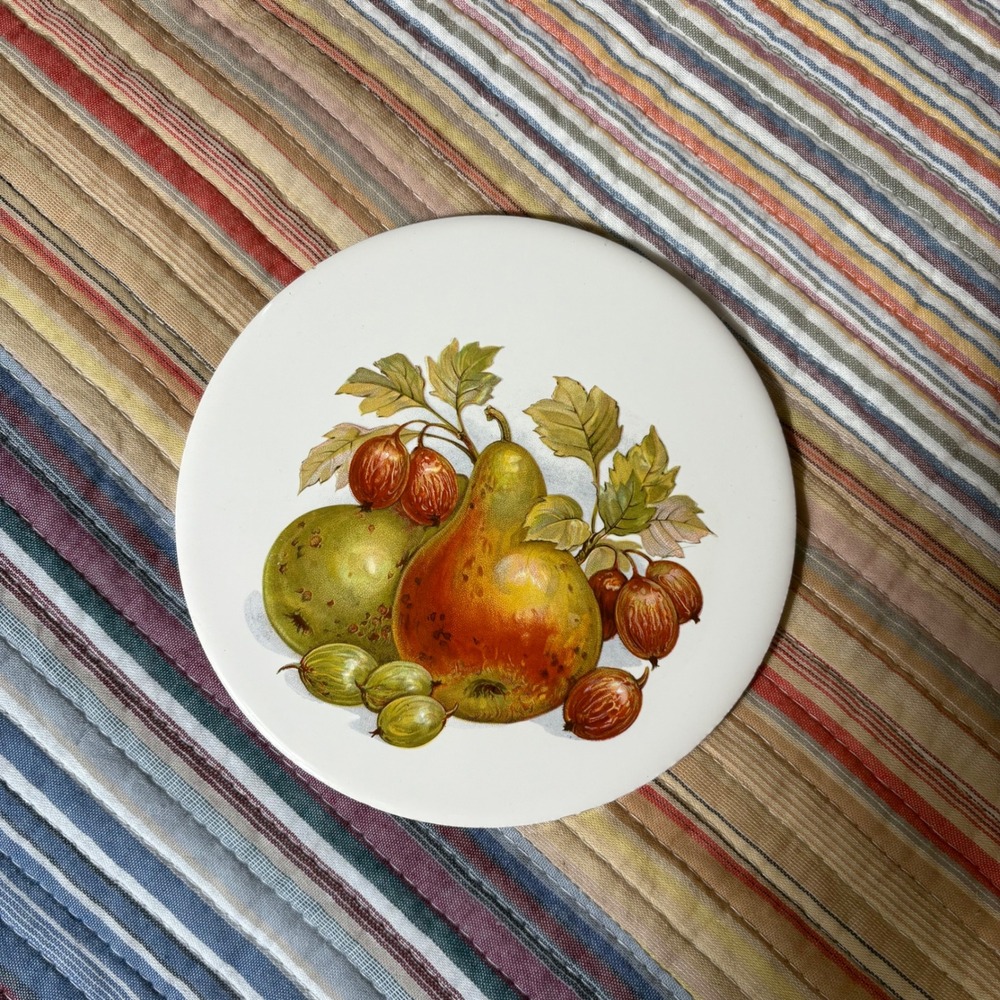 Vintage H&R Johnson England Ceramic Trivet Pear Gooseberry Fruit Hot Plate 6in